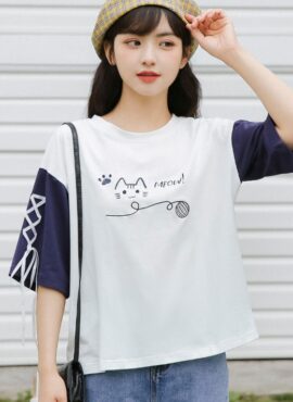 White And Blue Cat T-Shirt With Lace Up Sleeves