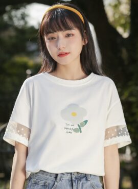 White Lace Sleeved Flower T-Shirt