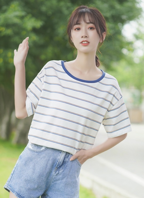 White Striped T-Shirt With Blue Neckline
