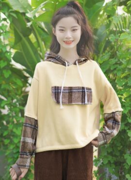 Yellow Two-Piece Illusion Hoodie With Brown Plaid Details
