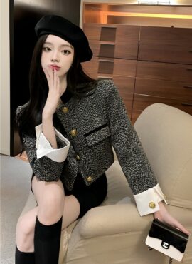 Black Round Neck Tweed Jacket | Yujin - IVE