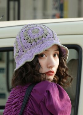 Lilac And Olive Floral Knitted Hat | Hyein - NewJeans