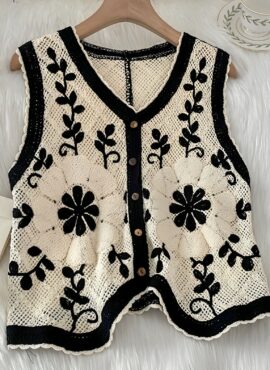Black and White Flower Embroidered Knitted Vest | J - STAYC