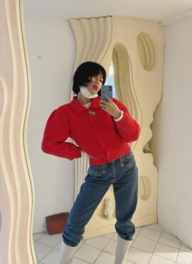 Red Collared Puffed Sleeves Cardigan | Hyuna