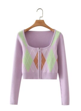 Lilac Square Neckline Knitted Short Cardigan | Isa - STAYC