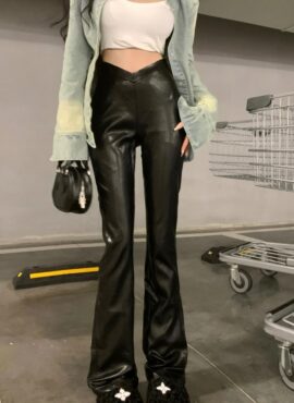 Black Synthetic Leather V-Cut Flare Pants | Solar - Mamamoo