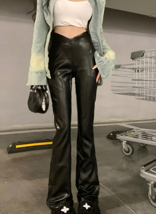Black Synthetic Leather V-Cut Flare Pants | Solar – Mamamoo