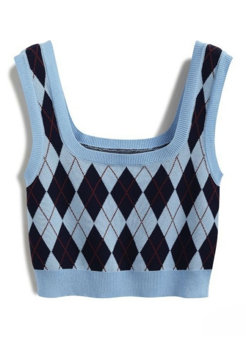 Blue Diamond Pattern Knitted Sleeveless Top | Sumin - STAYC