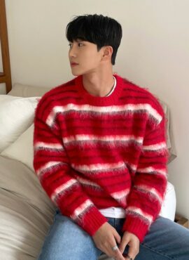 Red Striped Mohair Sweater | Yunho - ATEEZ
