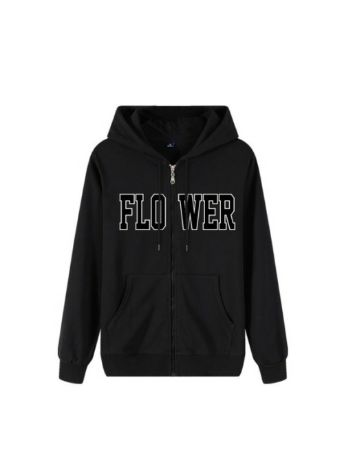 Black ‘Flower’ Lettering Print Hoodie Jacket | Chenle – NCT
