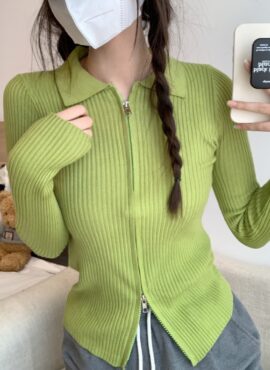 Green Ribbed Double Zipper Cardigan | Lia - ITZY