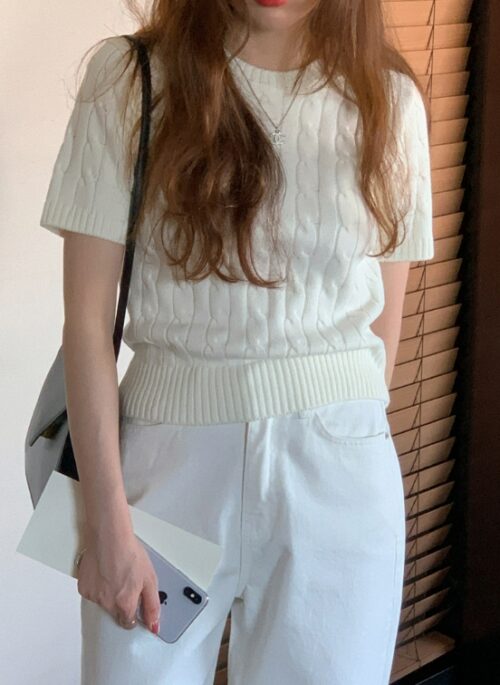 White Short Sleeve Knitted T-Shirt| Jennie - BlackPink
