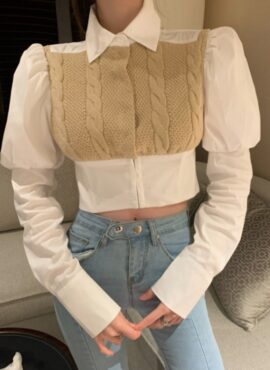White And Beige Puffed Sleeve Knit Accent Shirt | Jisoo -BlackPink