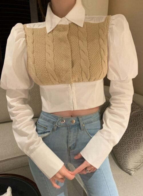 White And Beige Puffed Sleeve Knit Accent Shirt | Jisoo - BlackPink