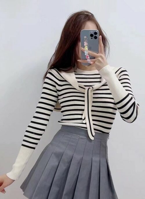 White Striped Sailor Collar Sweater | Jisoo - BlackPink