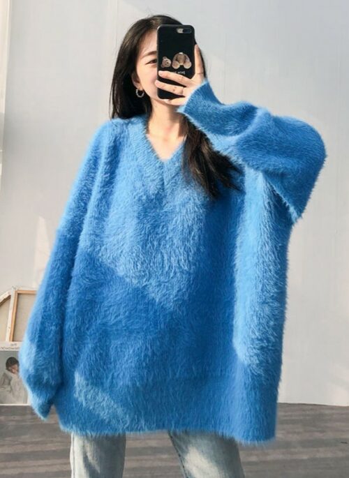 Blue Mohair V-Neck Sweater | Jun – Seventeen