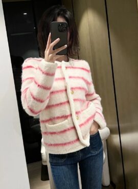 Pink Striped Mohair Cardigan | Lisa - BlackPink