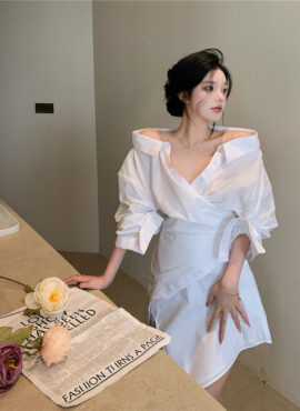 White Off-Shoulder Asymmetrical Dress Shirt | Lisa – BlackPink