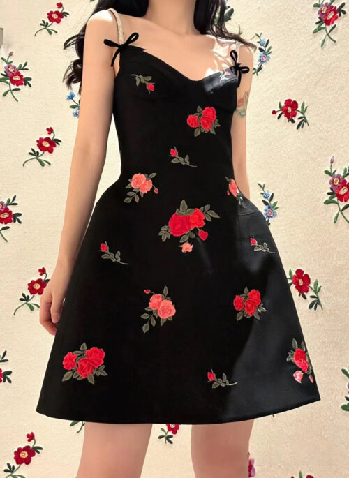 Black Rose Embroidered Sling Dress | Jisoo - BlackPink