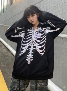Black Skeleton Print Hooded Jacket | Haerin - NewJeans