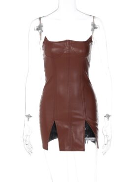 Brown Bustier Faux Leather Dress | Nayeon – Twice
