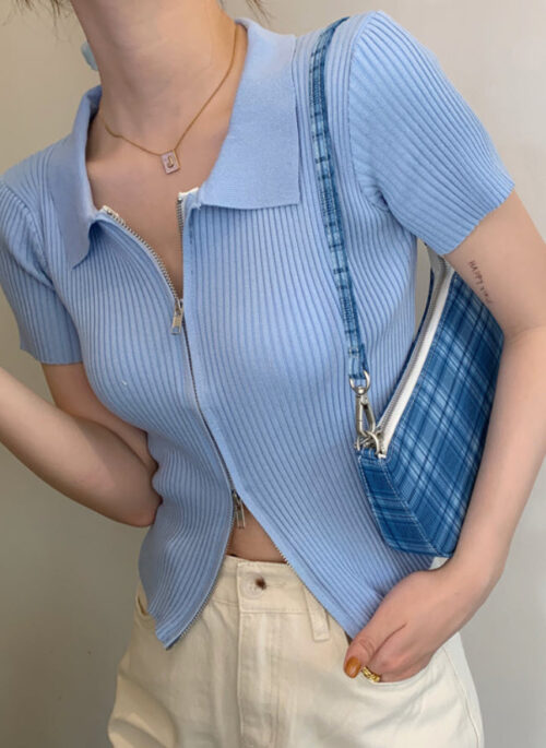 Blue Double Zipper Knit Top | Haewon – NMIXX
