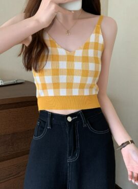 Yellow Checkered Knit Sling Top | Hyein - NewJeans