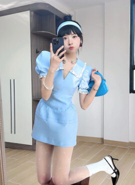 Blue Lace Hem Puff Sleeve Dress | Jisoo - BlackPink