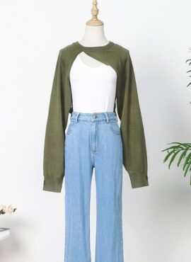 Olive Green Cut-Out Sweatshirt And White Top Set | Joo Seok Kyung – Penthouse