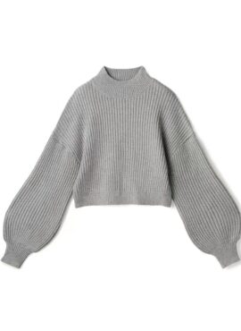 Grey Puff Sleeve Knitted Sweater | Rose - Blackpink
