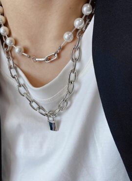 Silver Chain And Pearl Padlock Necklace | Jimin - BTS