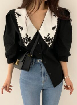 Black Floral Embroidered Collar Blouse | Solar - Mamamoo