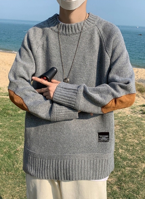 Grey Elbow-Patch Knit Sweater | Suga – BTS