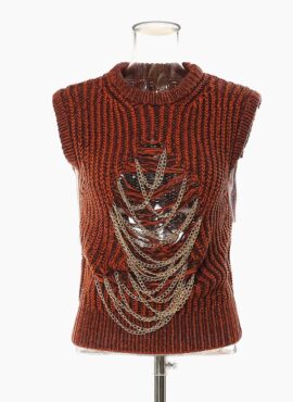 Brown Hollow Chained Knit Vest | Sullyoon - NMIXX