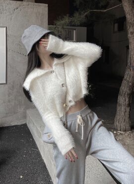 White Wide Collar Fluffy Cardigan | Winter - Aespa