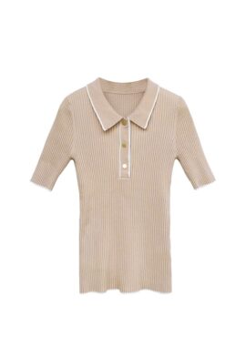 Beige Rib Knit Short Sleeve Polo Shirt | Jennie - Blackpink