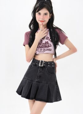 Black Pleated Denim Skirt With Belt | Nayeon - Twice