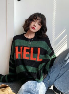 Green ‘Hell’ Print Striped Sweater | Chaewon – Le Sserafim