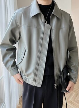 Grey Faux Leather Collared Jacket | Wonwoo - Seventeen