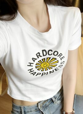 White 'Hardcore Happiness' Crop T-Shirt | Jennie - BlackPink