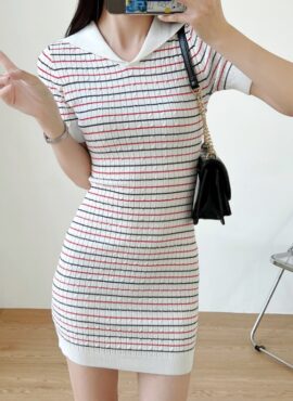 White Collared Stripe Dress | Kazuha – Le Sserafim