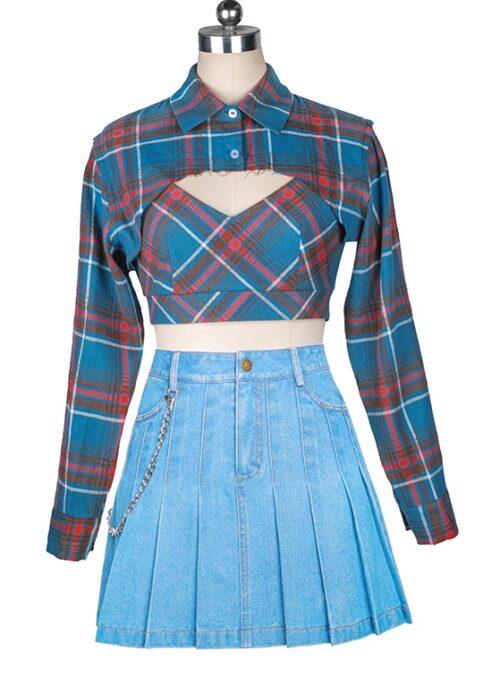 Blue Plaid Two-Piece Cropped Top | Lisa - BlackPink