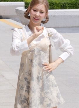 Beige Printed Sheer Dress | Miyeon – (G)I-DLE