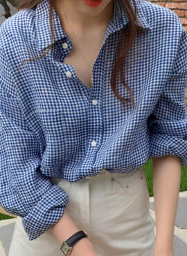 Blue Button Down Long Sleeve Plaid Shirt | Sakura - Le Sserafim
