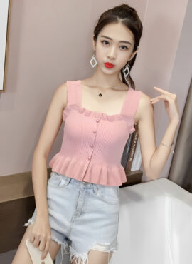 Pink Sleeveless Ruffled Knitted Top | Sakura - Le Sserafim