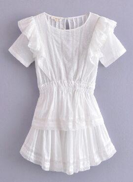 White Short Sleeves Ruffles Lace Dress | Eunchae - Le Sserafim