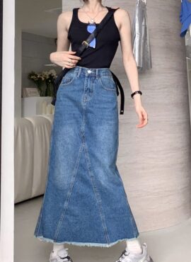 Blue Long Back Slit Denim Skirt | Haerin - NewJeans