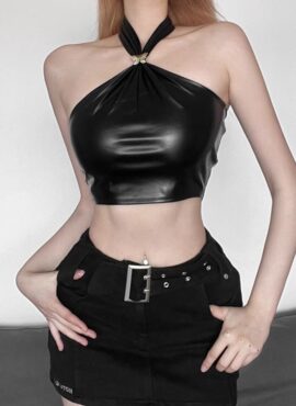 Black Faux Leather Halter Top | Lisa - BlackPink