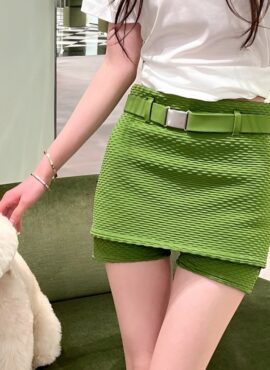 Green Textured Belted Skorts | Minji - NewJeans