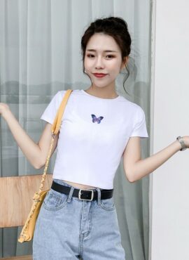White Butterfly Cropped T-Shirt | Giselle - Aespa